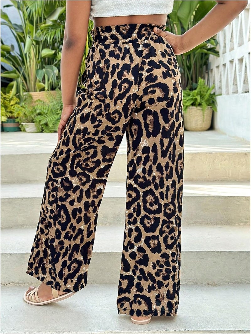 OYOANGLE Girl's Leopard Pants Elastic Waist Tie Front Straight Leg Casual Trousers with Pocket - Image 3